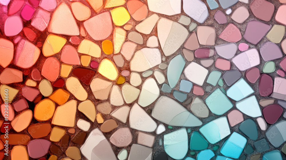 vibrant mosaic of colorful glass pieces arranged in abstract pattern, showcasing gradient of warm to cool tones with intricate textures and fine details vibrant mosaic of colorful glass pieces arranged in abstract pattern, showcasing gradient of warm to cool tones with intricate textures and fine details