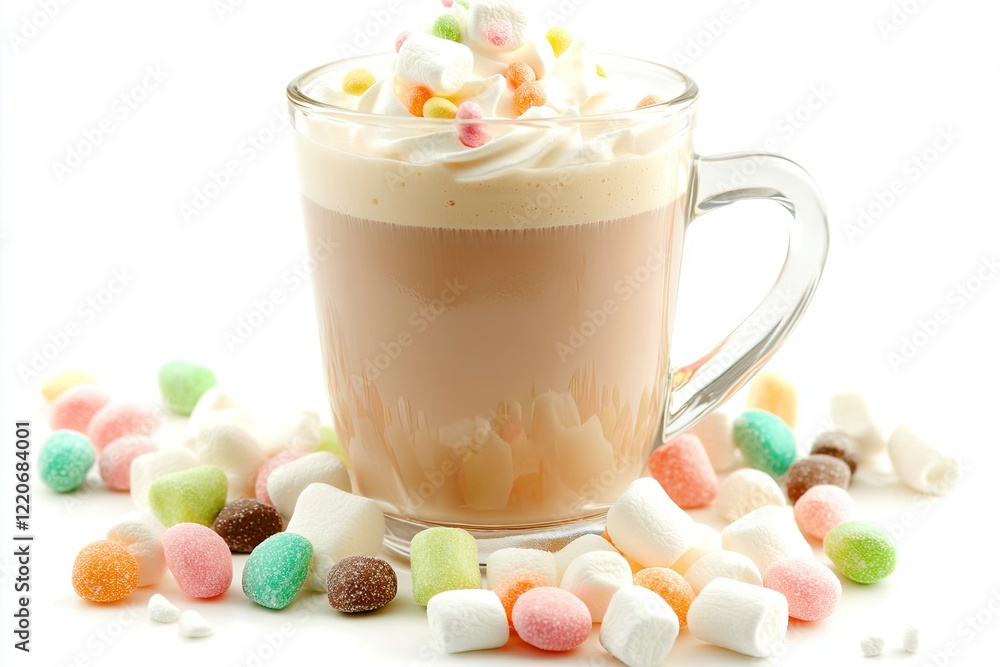 A glass of coffee with cream, marshmallows, and candies on a white background. Isolated stock photo, contest winner, commercial photography, stock photo, photography A glass of coffee with cream, marshmallows, and candies on a white background. Isolated stock photo, contest winner, commercial photography, stock photo, photography