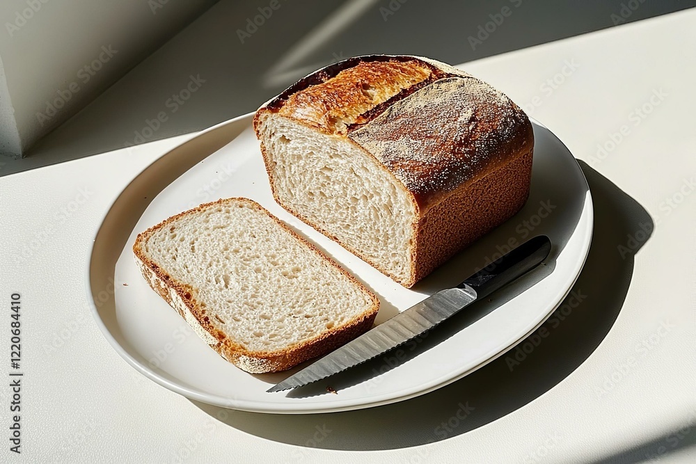 Freshly baked loaf of bread sliced on a white plate with a sharp serrated knife bathed in warm natural light evoking a sense of homemade comfort and artisanal craftsmanship Freshly baked loaf of bread sliced on a white plate with a sharp serrated knife bathed in warm natural light evoking a sense of homemade comfort and artisanal craftsmanship