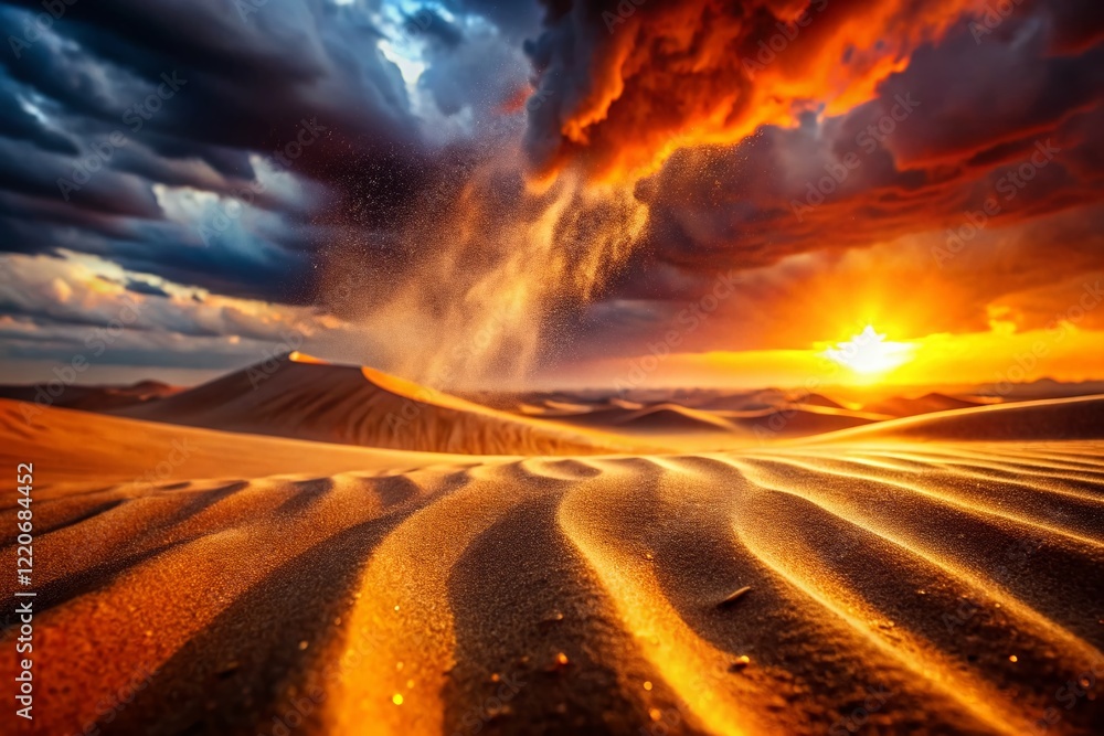 Dramatic Desert Storm Bokeh: Sandstorm Swirling Under a Fiery Sky
