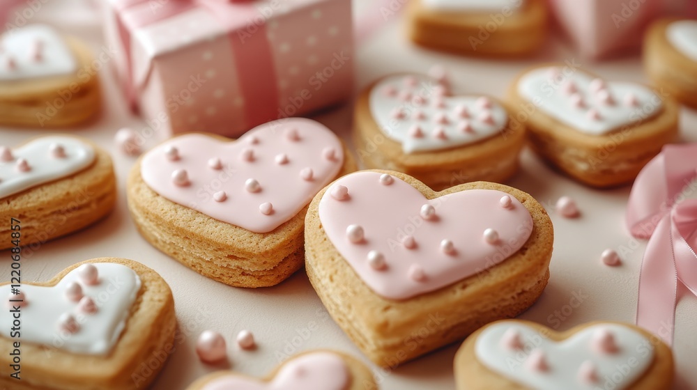 Heart cookies and gift box arrangement with pink accents for celebrations and decor Heart cookies and gift box arrangement with pink accents for celebrations and decor