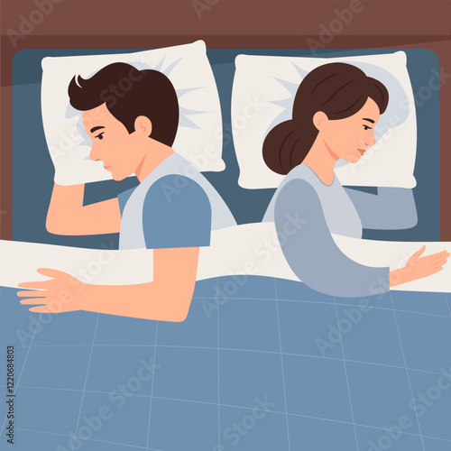 Couple on bed turned back each other. Misunderstanding, disagreement, relationship troubles,intimate problem, sexual dysfunction Man and woman in quarrel. Vector illustrtion.