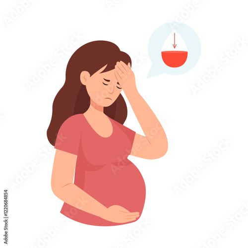 Pregnant woman suffers from dizziness and anemia. Low hemoglobin and iron deficiency. The concept of health protection.Vector illustration.