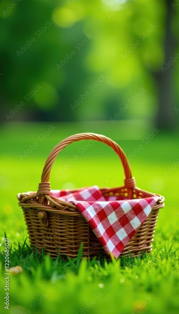 Classic red & green checkered picnic basket on lush green grass , retro, idyllic, vacation Classic red & green checkered picnic basket on lush green grass , retro, idyllic, vacation