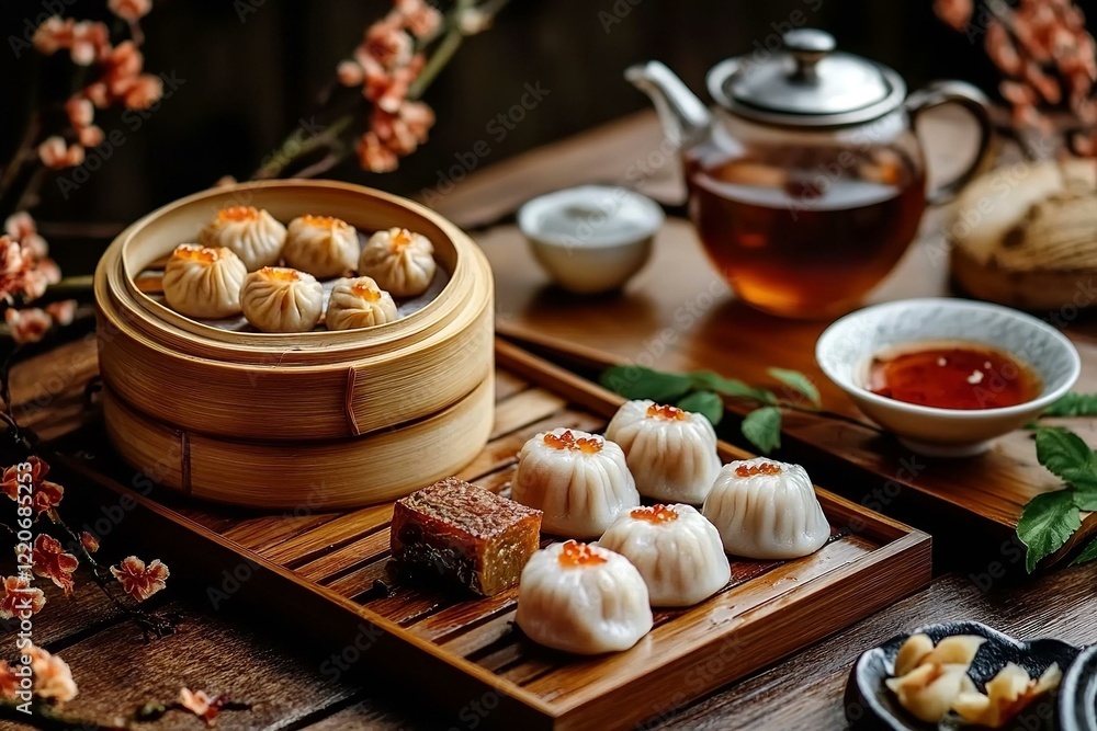 Dim Sum Meal Set with Various Dumplings and Tea on Wooden Table Dim Sum Meal Set with Various Dumplings and Tea on Wooden Table