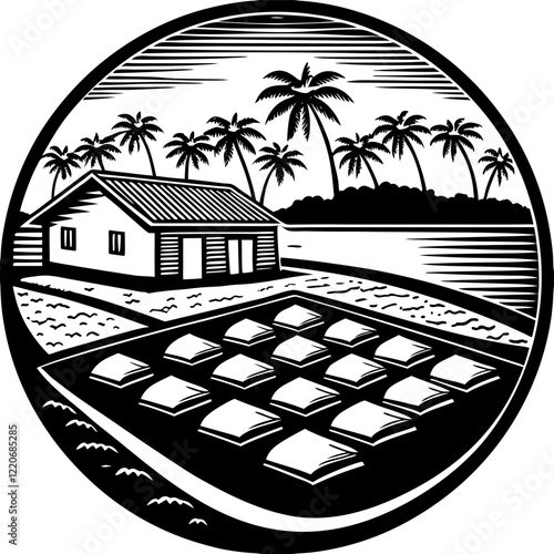 beach side house illustration coconut tree silhouette vector landscape.