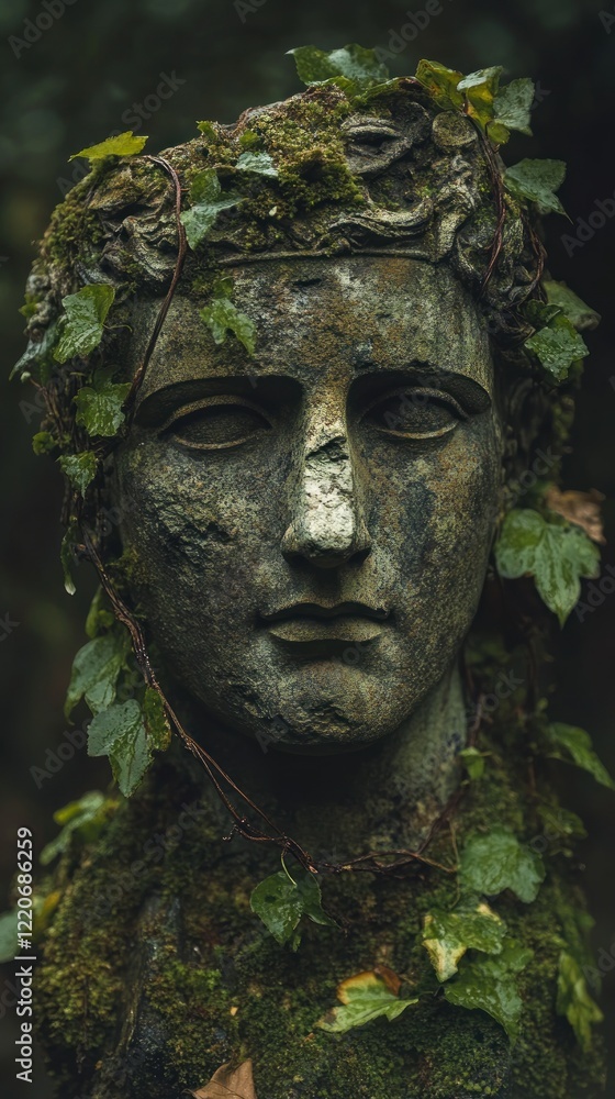 Stone statue of a face overgrown with moss and ivy in a forest, serene and aged appearance Stone statue of a face overgrown with moss and ivy in a forest, serene and aged appearance