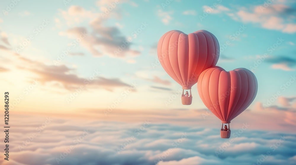 Fototapeta premium Romantic valentine's day heart-shaped hot air balloons in a serene sky