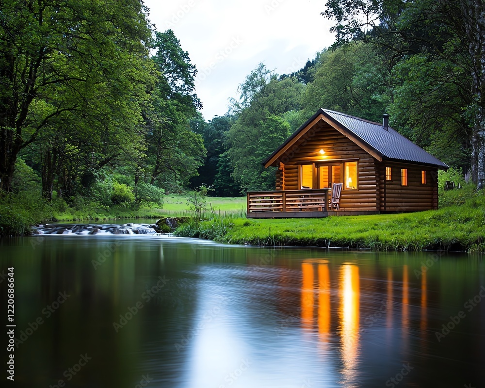 A cozy log cabin by a serene river, surrounded by lush greenery, reflecting the beauty of nature under a tranquil sky. A cozy log cabin by a serene river, surrounded by lush greenery, reflecting the beauty of nature under a tranquil sky.