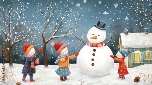 Painting of a snowman with two children enjoying winter activities outdoors