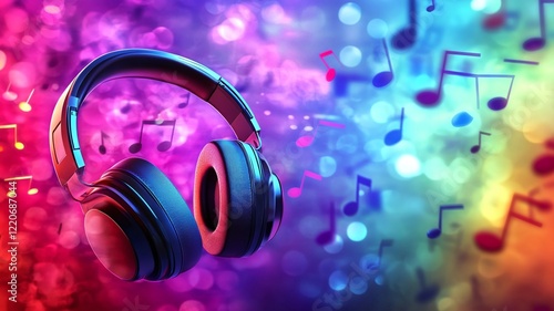 headphones and musical notes on a colorful background