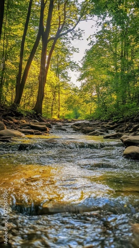 Serene stream flowing through lush forest nature scene landscape photography tranquil environment up-close view natural beauty