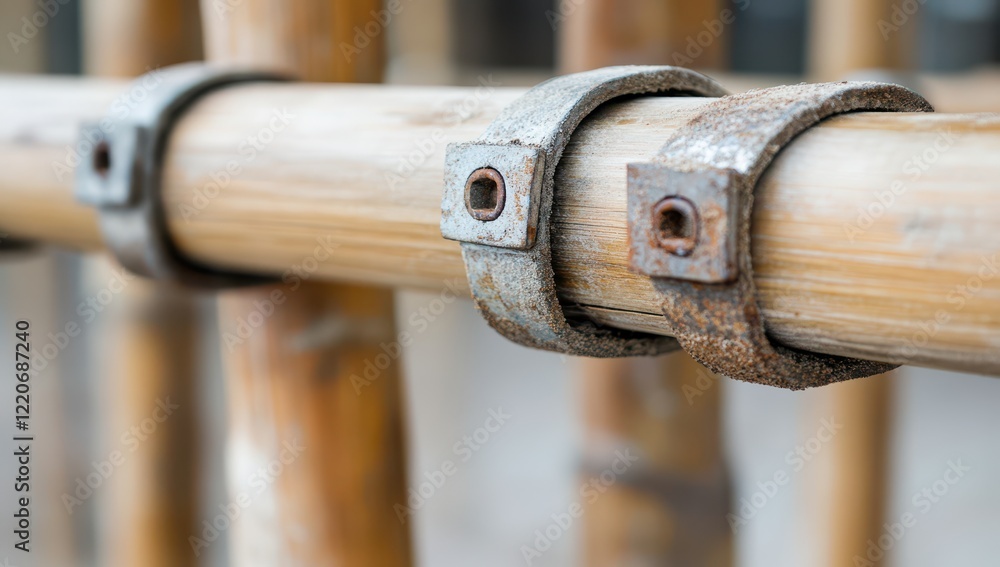 Close-up of bamboo scaffolding, showcasing the metal clasps and support structure used to make it sturdy for construction work or emergency repair tasks. Close-up of bamboo scaffolding, showcasing the metal clasps and support structure used to make it sturdy for construction work or emergency repair tasks.