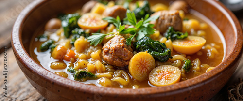 Hearty egusi soup with tender meat and greens in rustic bowl, comfort food photo