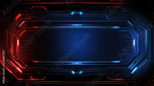 Abstract futuristic red and blue glowing tech frame background.