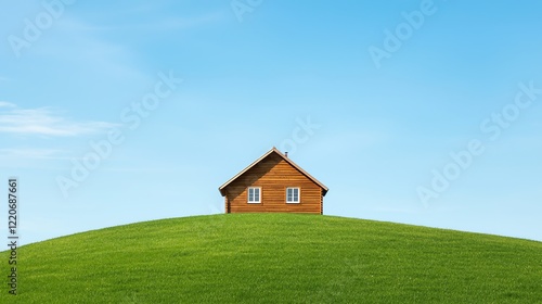 Wallpaper Mural A solitary wooden house sits atop a lush green hill under a clear blue sky, creating a serene and picturesque landscape. Torontodigital.ca