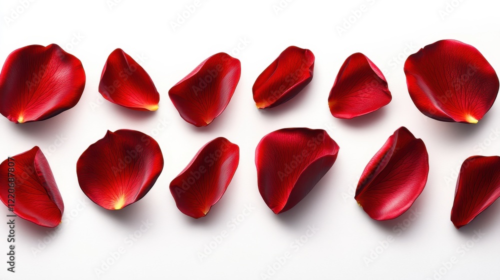 Fototapeta premium Elegant arrangement of beautiful red rose petals on pristine white background