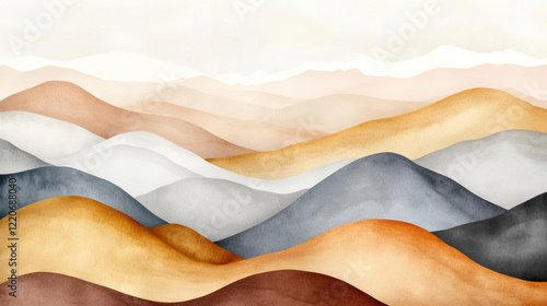 serene watercolor landscape featuring warm earthy tones, blending soft gradients of stone gray, beige, and ochre, creating tranquil scene of rolling hills under pale sky