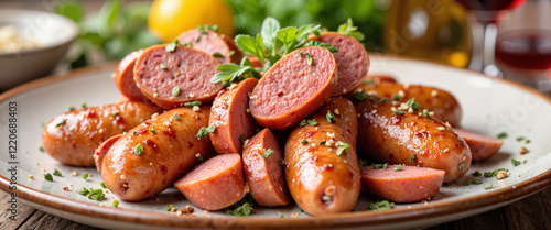 Alheira sausage garnished with herbs on a plate, culinary delight photo