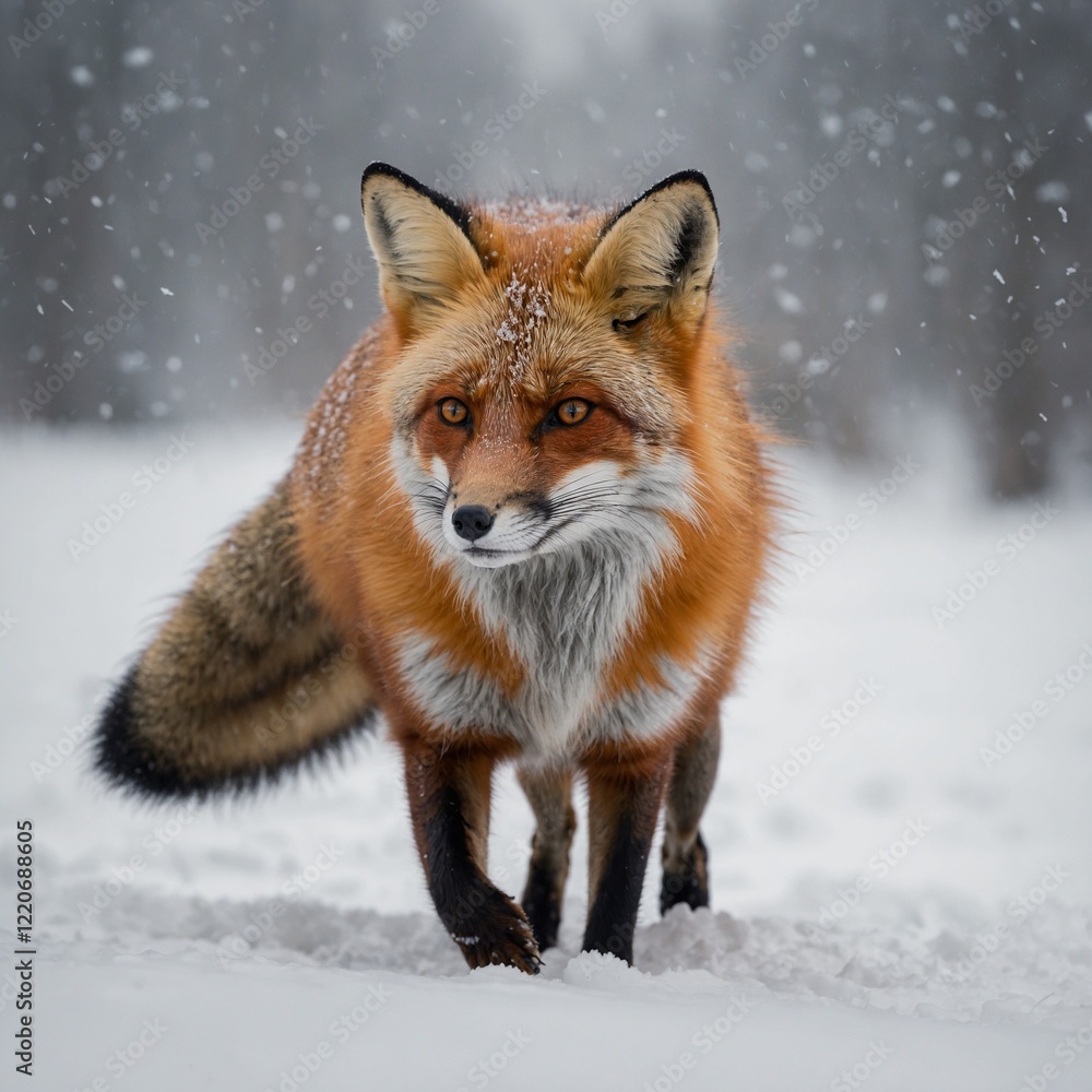 A red fox prowls through a snowy landscape, its vibrant fur standing out against the white background, as delicate snowflakes fall from a pale gray sky and its sharp eyes focus intently ahead. A red fox prowls through a snowy landscape, its vibrant fur standing out against the white background, as delicate snowflakes fall from a pale gray sky and its sharp eyes focus intently ahead.