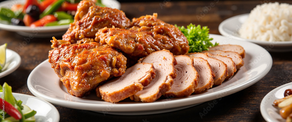 Delicious lechon platter with rice and vegetables, festive dining experience Delicious lechon platter with rice and vegetables, festive dining experience
