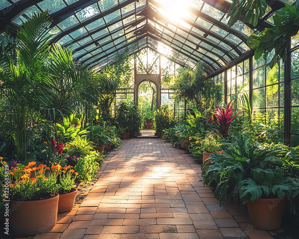 A stunning greenhouse filled with thriving plants and lush foliage, with sunlight shining through the glass roof, highlighting the vibrant greenery and creating a serene atmosphere A stunning greenhouse filled with thriving plants and lush foliage, with sunlight shining through the glass roof, highlighting the vibrant greenery and creating a serene atmosphere