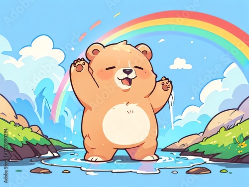 Joyful Bear by the Rainbow Waterfall photo