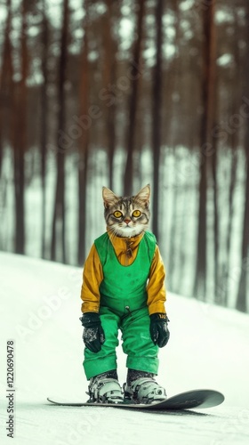 A fashionable cat dons snowboarding gear, confidently riding down a winter slope, merging humor and style in an amusing depiction of animals embracing human sports.