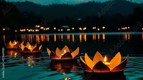 peaceful scene of floating lanterns on the water at night create a magical scene on a lake at night evoking peace and spirituality photo