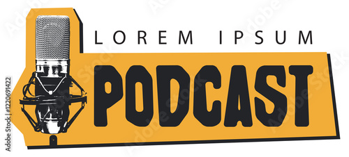 Vector internet banner for podcast or internet radio with retro microphone and lettering. Suitable for advertising or logo