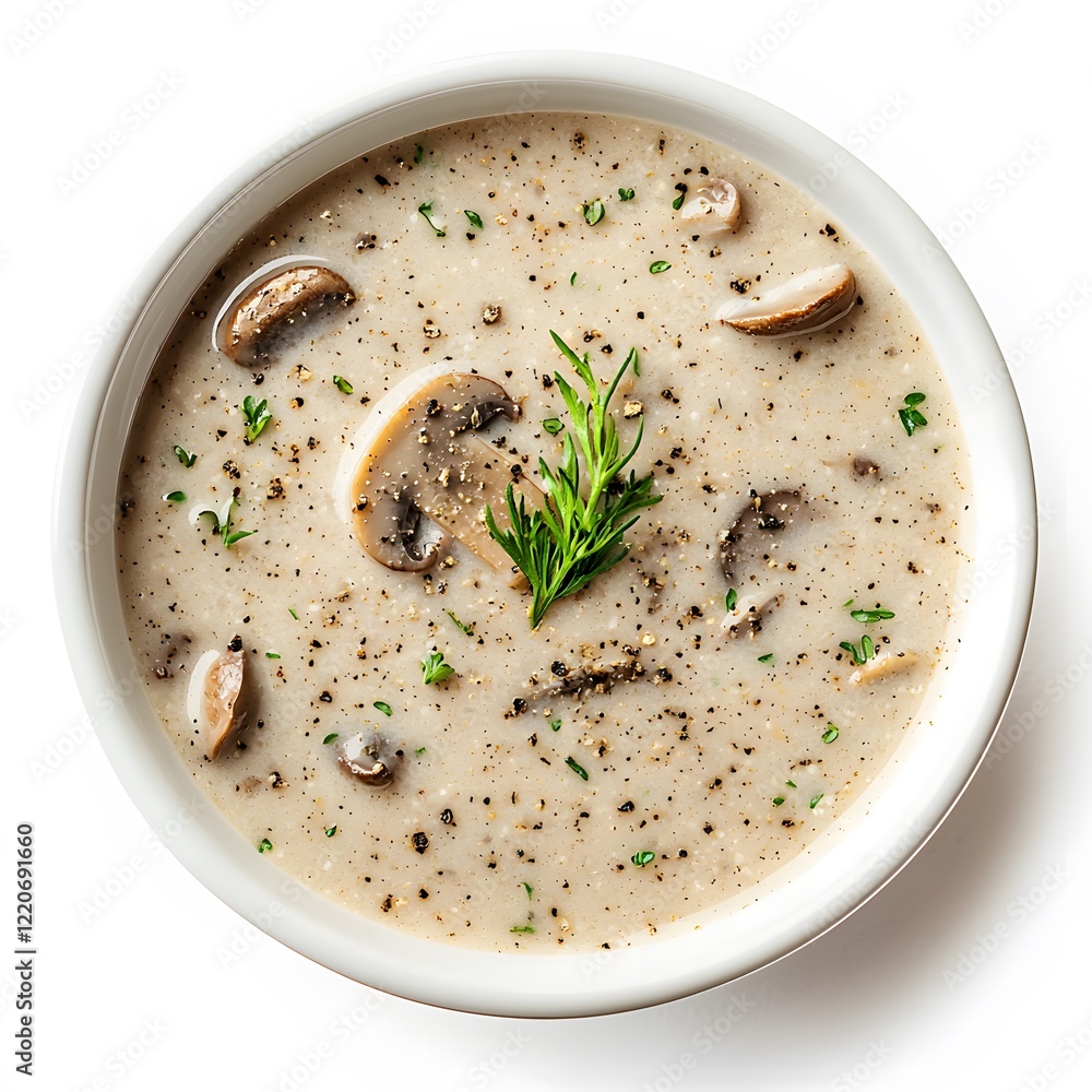Creamy mushroom soup top view on white background Creamy mushroom soup top view on white background