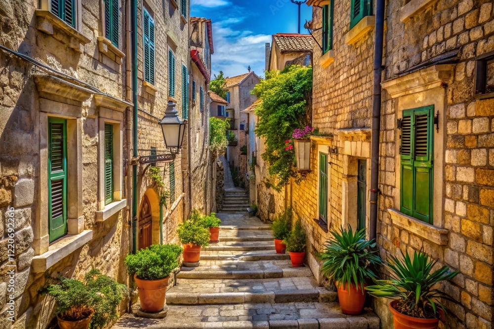 Fototapeta premium Dubrovnik Stairway: Charming Vertical Street with Houses & Copy Space