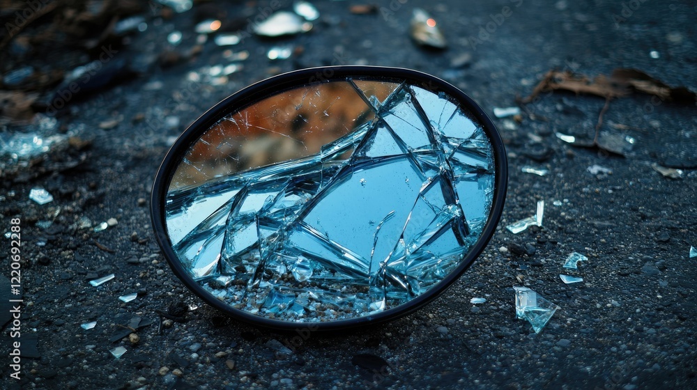 Obraz premium Broken Mirror on the Ground Reflecting Blue Sky and Shattered Glass Pieces, Capturing Mood of Desolation and Disruption in an Urban Environment