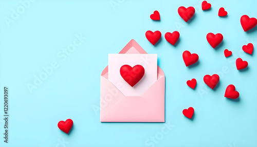 A charming Valentine day envelope with red hearts on a blue background perfect for greeting card designs and holiday decorations