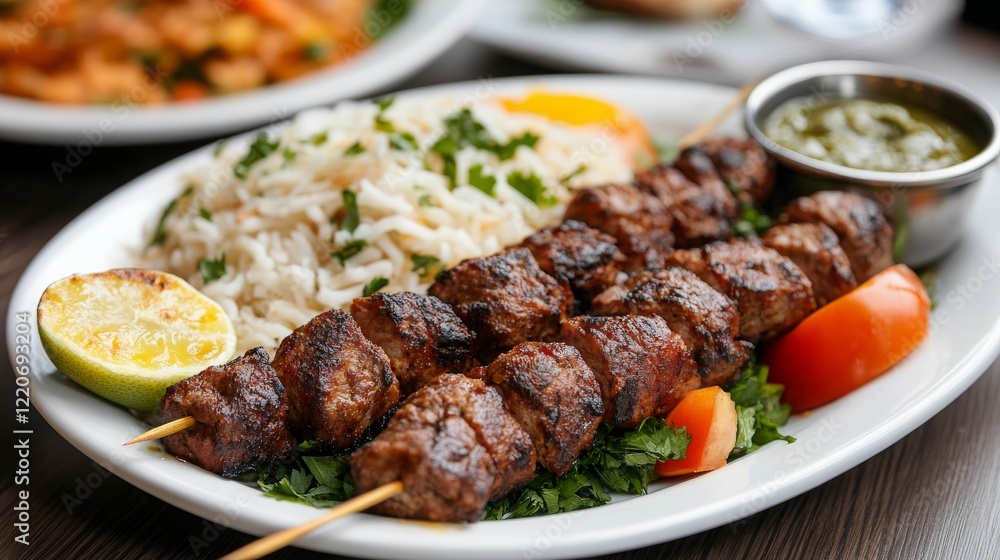 A delicious plate of kebabs served with rice, garnished with vegetables and lime. A delicious plate of kebabs served with rice, garnished with vegetables and lime.