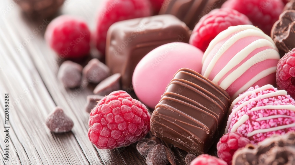 A delightful assortment of chocolates and raspberries arranged on a wooden surface. A delightful assortment of chocolates and raspberries arranged on a wooden surface.