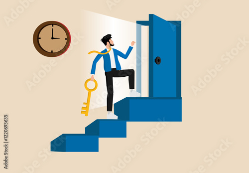 Open new opportunity door, businessman reaching top of stairway open bright light opportunity door, career development or business decision for new challenge, success and achievement secret concept