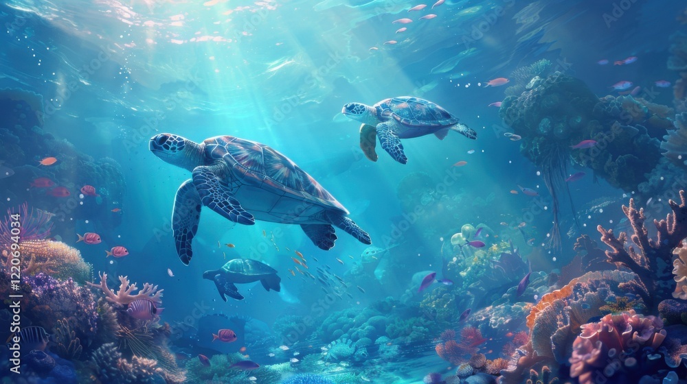 Fototapeta premium Ocean's Tranquility: Majestic Sea Turtles Gracefully Glide Through Vibrant Coral Reefs