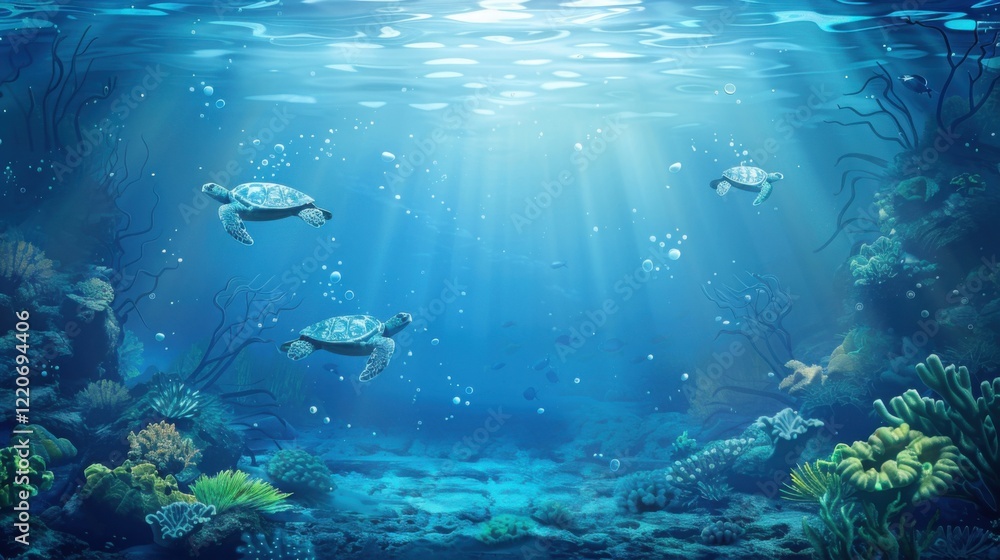 Fototapeta premium Serene Underwater Scene: Three Sea Turtles Gracefully Swim Through Vibrant Coral Reef