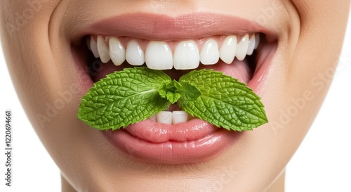 A close-up of a smiling mouth with fresh mint leaves placed on the tongue symbolizing freshness