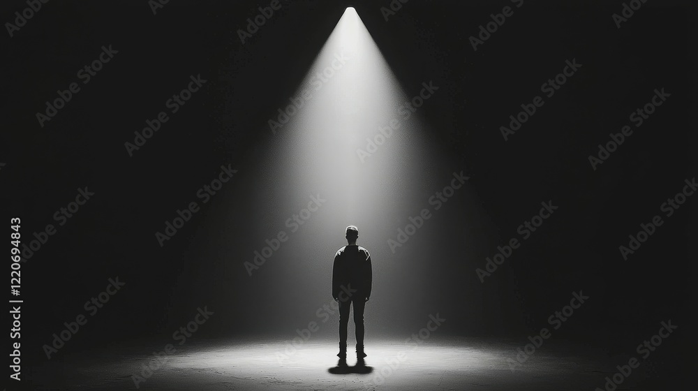 A solitary figure stands in a spotlight, surrounded by darkness, evoking themes of isolation. A solitary figure stands in a spotlight, surrounded by darkness, evoking themes of isolation.