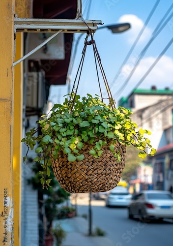 A hanging basket plant in the city of Linzhou, with a street view of buildings and cars passing by. The sky is blue with some clouds, and a small part of the wall is yellow.  photo