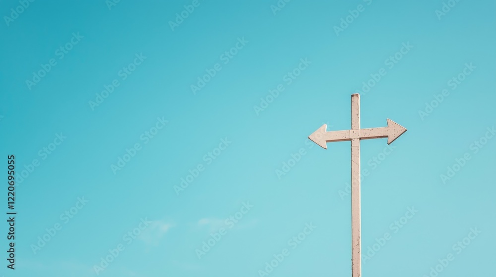 A directional signpost with arrows pointing left and right against a clear blue sky. A directional signpost with arrows pointing left and right against a clear blue sky.
