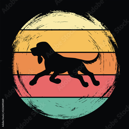 Bloodhound Dog Silhouette with Retro Sunset Vector
