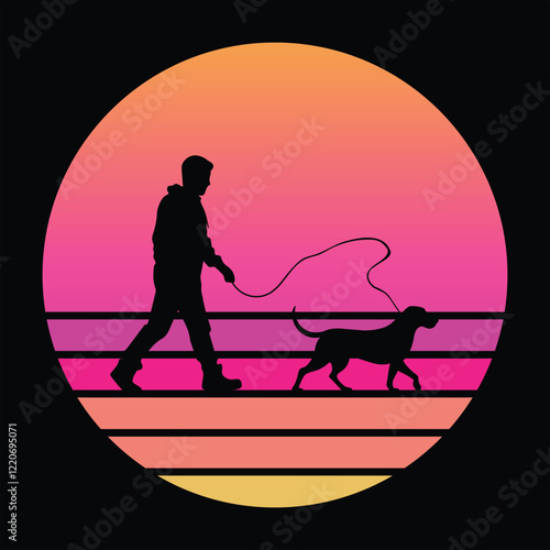 Bloodhound Dog Silhouette with Retro Sunset Vector
