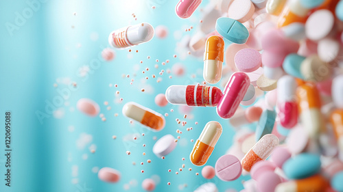 Fototapeta Naklejka Na Ścianę i Meble -  A vibrant array of colorful pills and capsules falls against a soft blue background, capturing a dynamic sense of motion and the variety of pharmaceutical forms.