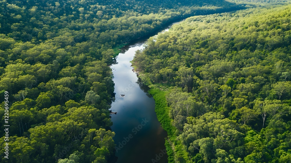 Tranquil Australian Rainforest Scene with Lush Greenery and River Tranquil Australian Rainforest Scene with Lush Greenery and River