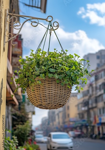 A hanging basket plant in the city of Linzhou, with a street view of buildings and cars passing by. The sky is blue with some clouds, and a small part of the wall is yellow.  photo