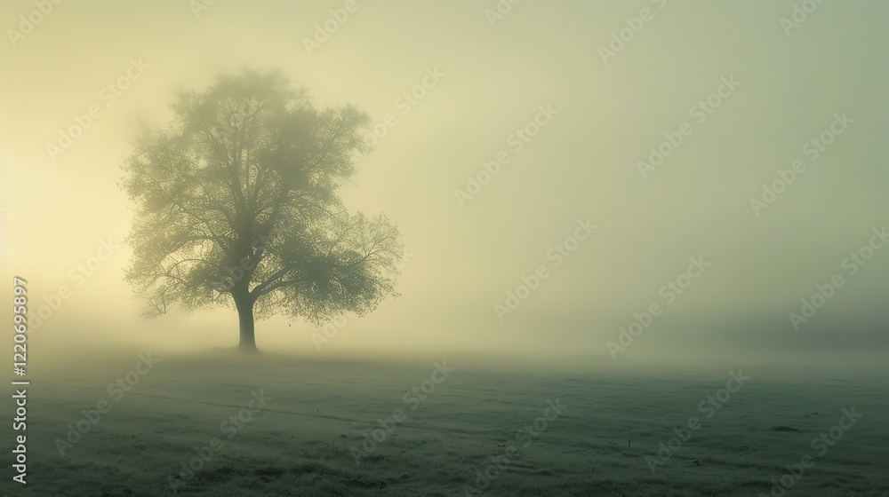 The image is a beautiful landscape of a lonely tree in a foggy field. The tree is in the middle of the field, and the fog is all around it. The image is a beautiful landscape of a lonely tree in a foggy field. The tree is in the middle of the field, and the fog is all around it.