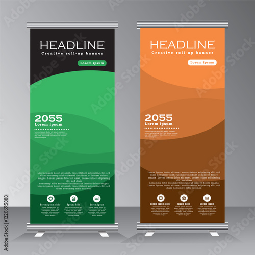 Green and brown Roll up banner template, vertical banner design, Vector eps 10.